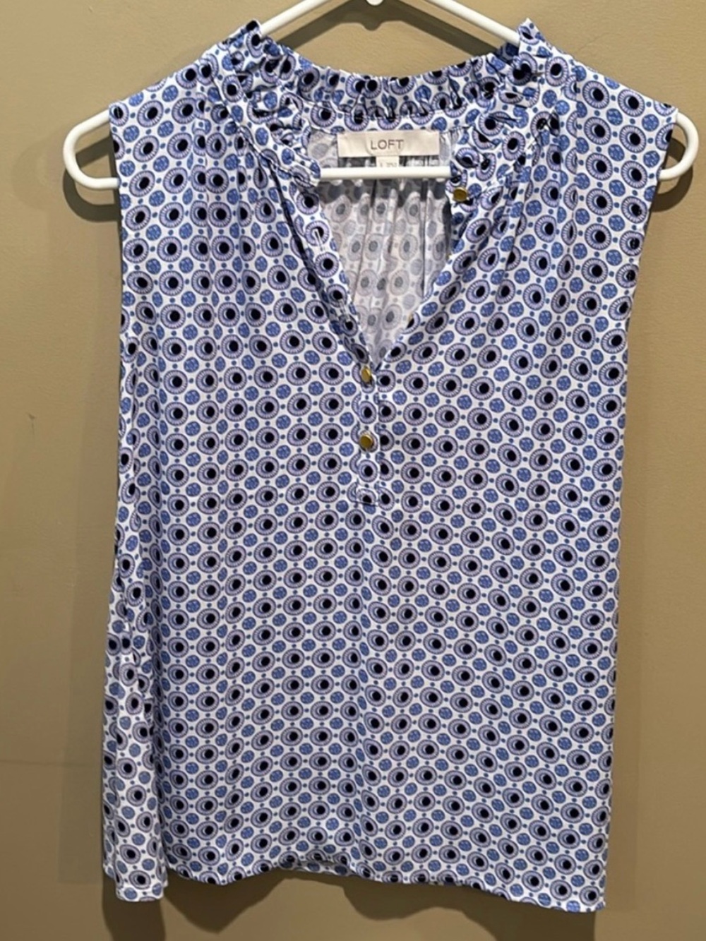 LOFT Blue and White Geometric Sleeveless Ruffle-Neck Camisole
